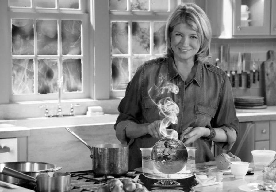 IT’S BOILING TIME: Climate scientists posit that Martha Stewart boiling Mother Earth into a soup could explain the mysterious origins of global warming. She may have added too much oil, for everything outside her kitchen is on fire. 