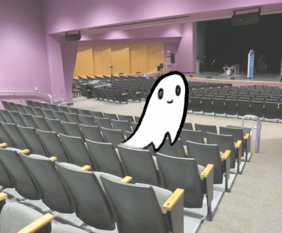 ALWAYS IN GOOD SPIRITS: Theater ghost Yugot Prankd
happily prepares the theater for a special night of pranking
before the unfortunate guests arrive for the concert.