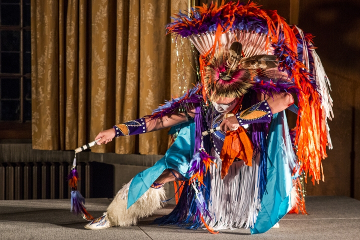 Native American Samsoche Sampson performs a dance at a Native American Heritage Month celebration. 