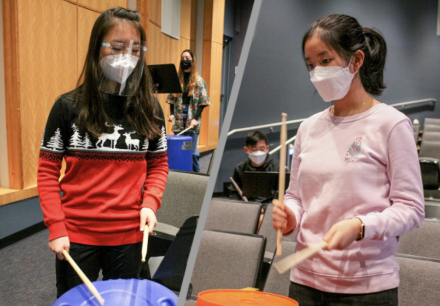 THE SHOW MUST GO ON: Sophomore Christy Han (left) and freshman Audrey Lee (right) hit various buckets during their final rehearsal.