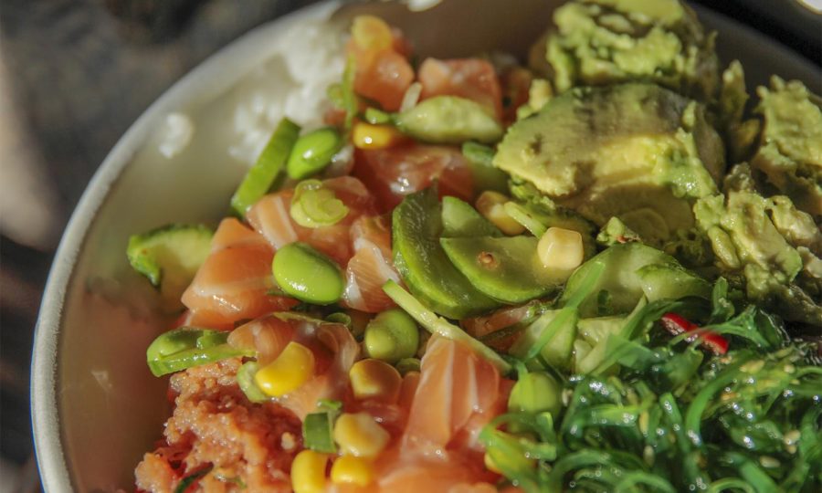 KETO HAP(PEA)NESS:  Salmon poke bowls, topped with peas, avacados and seaweed, is a student favorite. 