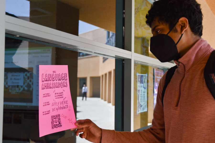 LAN-GAUGING INTEREST: The hot pink Language Ambassadors flyer catches the eye of every student on campus, including senior Arjun Suresh.