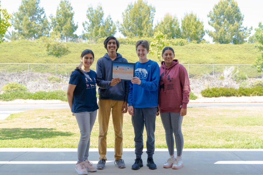 THE SKY IS NOT THE LIMIT: Sophomores Riya Gupta, Shrey Shah, Hunter Welch and Shreya Aithal proudly pose with their 
TechRise student challenge winners award certificate. 