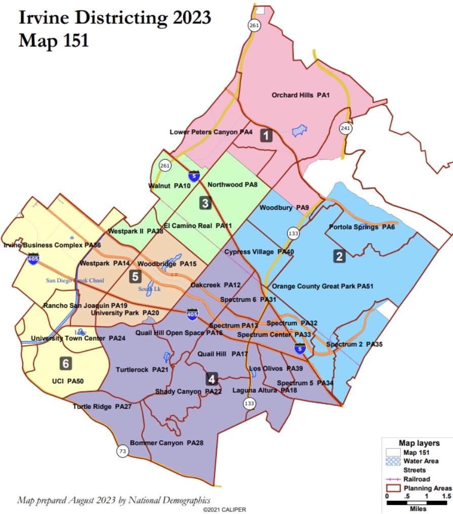 DIVIDING DISTRICTS: Irvine Districting Map 151 has been officially selected for final vote in March 2024. Photo courtesy of City of Irvine.