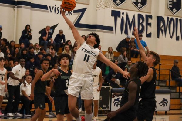 TAKE IT TO THE PAINT: Sophomore Sam Alegre breaks past the Mustang’s defense and reaches up for the layup. 