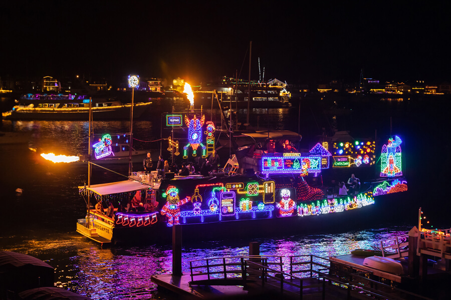 COASTAL CELEBRATION: The El Navegante won Best Power Boat in the festive 2022 Newport Beach Boat Parade competition with holiday-themed boats, houses and offices. Photo provided by Bleu Cotton Photography