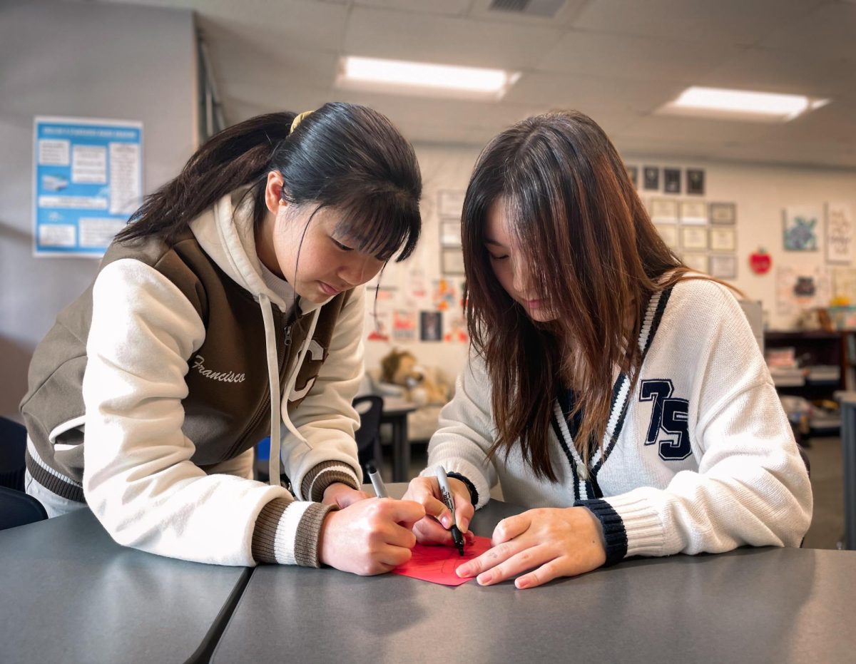 D.I.Y. DECOR: Sophomores Bonnie Chen and Suzan Whiteside welcome good luck and prosperity in the new year with handmade chunlian (Spring Festival couplets).

