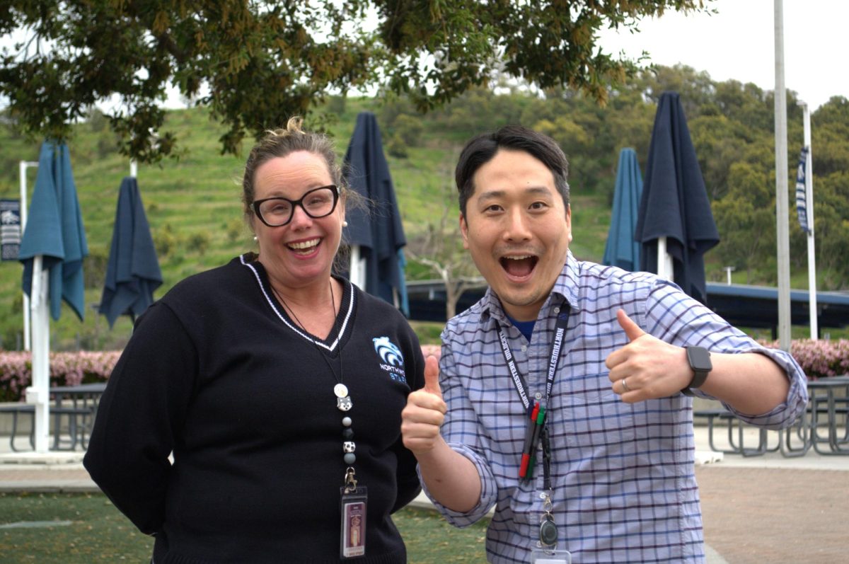 HAPPY UPON THE HILLS: Principal Leslie Roach and Northwood Teacher of the Year David Lee get ready and excited to welcome incoming freshmen to the next four years at high school.