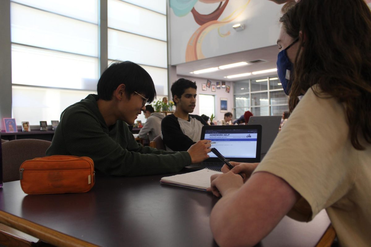 TOGETHER TOWARDS EXCELLENCE: Freshmen Colin Harris and Doah Lee help each other with math homework in the Media Center.