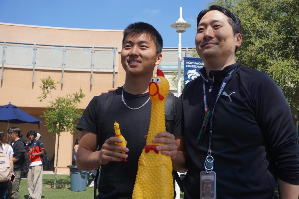 BAWK BAWK: Junior Dylan Khang and math teacher David Lee flaunt their feathers at the CIF Southern Section Chicken Flinging Qualifier.