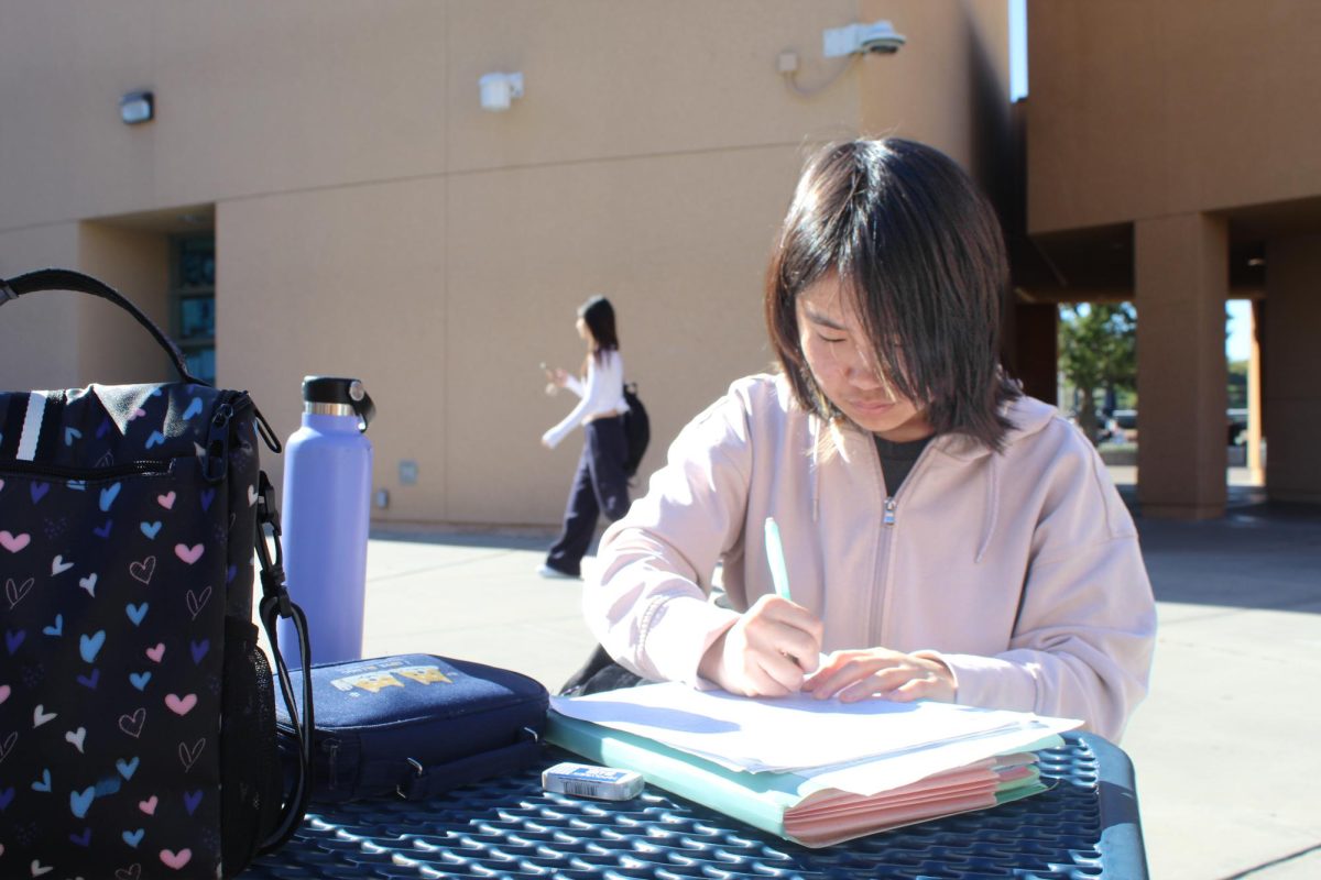 Studying Outdoors: a student writes down her ideas at a table outside after class.