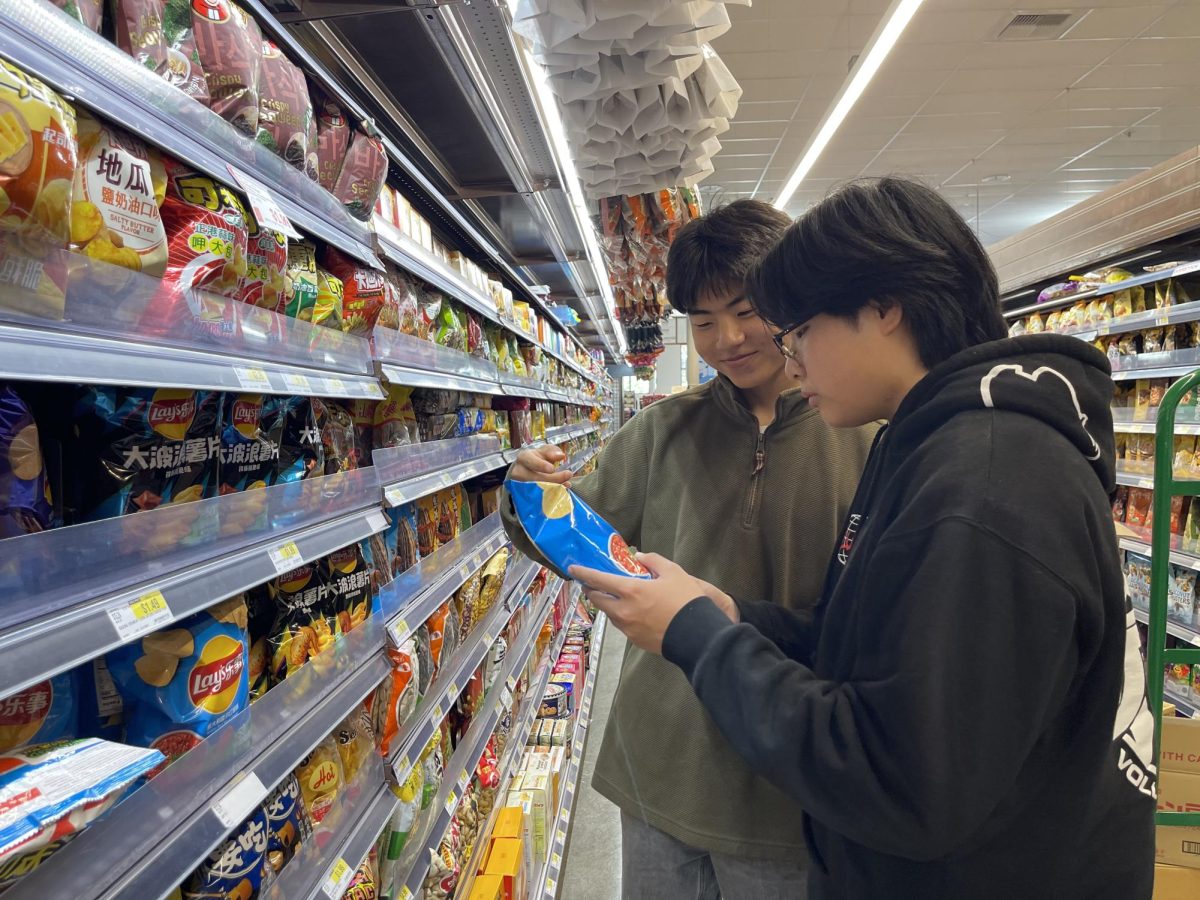 SAVOR THE FLAVOR: Sophomore Sooho Cho and junior Allen Wen compare the unique chip flavors at H Mart for a savory treat after a long day at school. For many families and friends, sharing and receiving snacks are acts of love, care and connection.