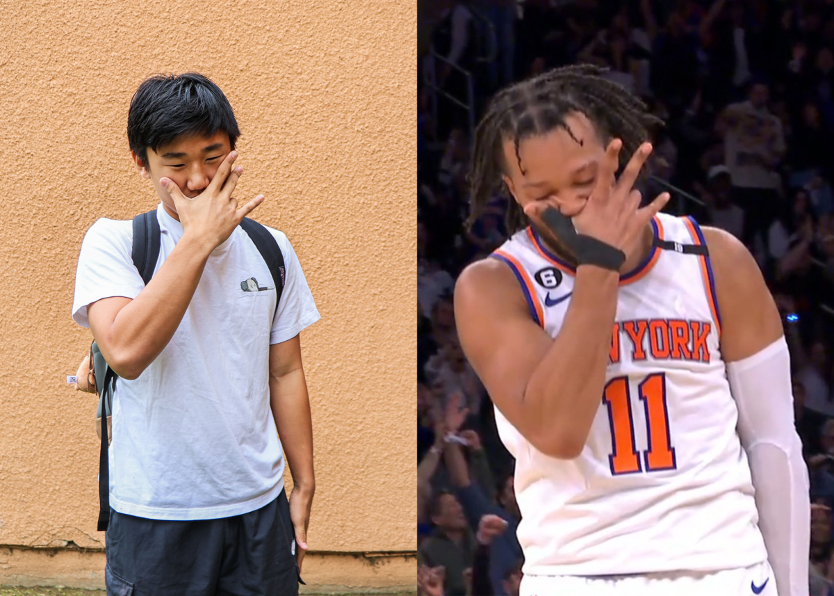  BRUNSON’S GUARD GAME: Junior Jacob Whang mimics his favorite player Jalen Brunson’s three-point celebration.