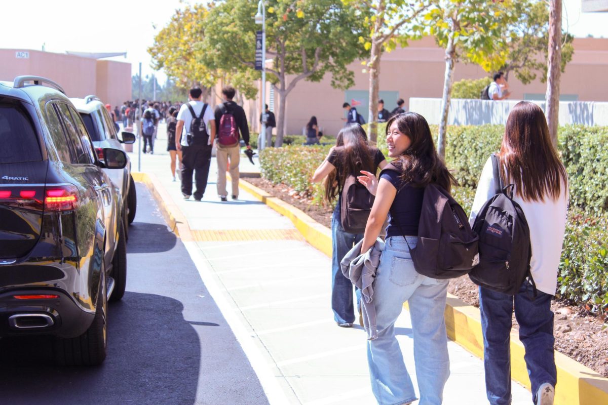 ADVANCING ACCESSIBILITY: Senior Erica Zou walks along the newly-modified accessible sidewalk near the front office.