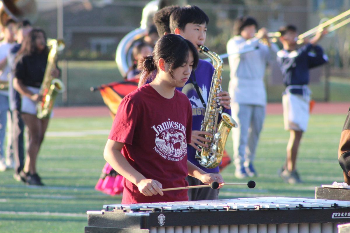 PRECISION IN EVERY STRIKE: Sophomore Sophia Chen hits the keys on the vibraphone during marching band’s morning practice. 