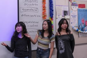 PROTECTING THE PETS: ASPCA board members junior Emily Tamura (left), junior Emily Huang (middle) and senior Urika Tandiono (right) announce upcoming volunteer opportunities at animal shelters in a club meeting.