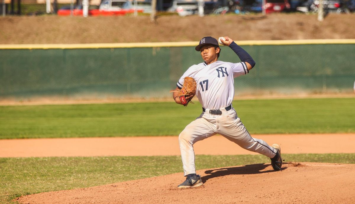 COMMANDING THE MOUND: Senior Carter Liu winds up and delivers a pitch in baseball’s opening league game against Irvine High.