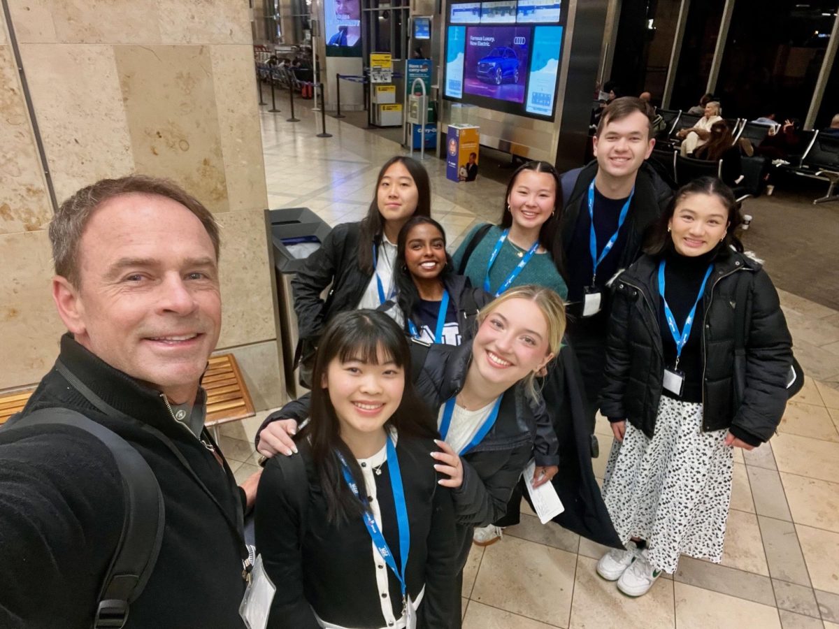 GLIMPSE INTO ADVOCACY: Former IUSD superintendent Terry Walker discusses policy issues with Northwood representatives Lauryn Chew, Alice Park, Niharika Mahesh, Caleigh Nystrom and Emily Yokota and history teacher Zane Pang.