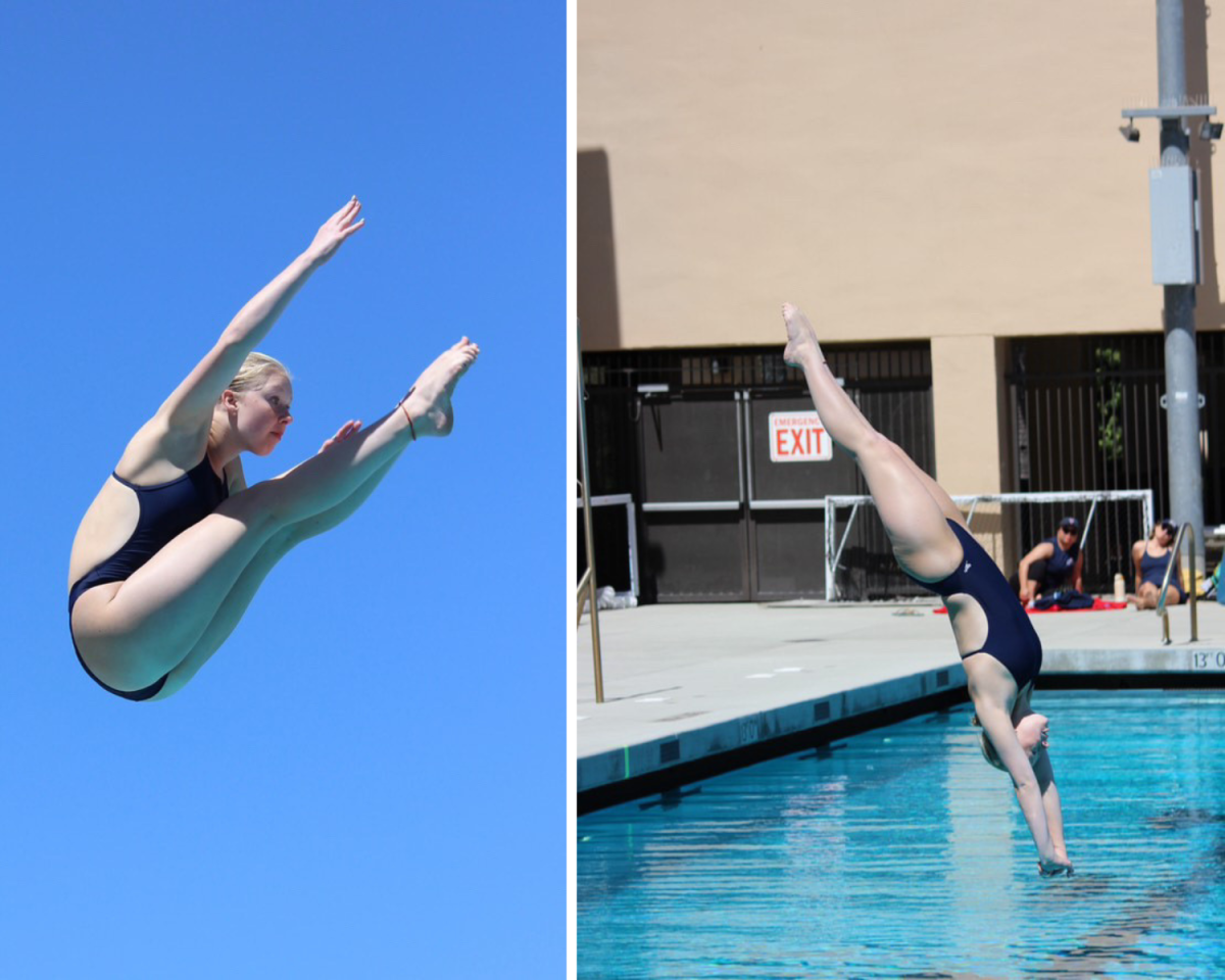 DIVING DYNAMICS: Freshman Hanna Muncy captured mid-air in a pike position with her legs and arms extended and finishing into the water with a head-first entry during April 5 meet.