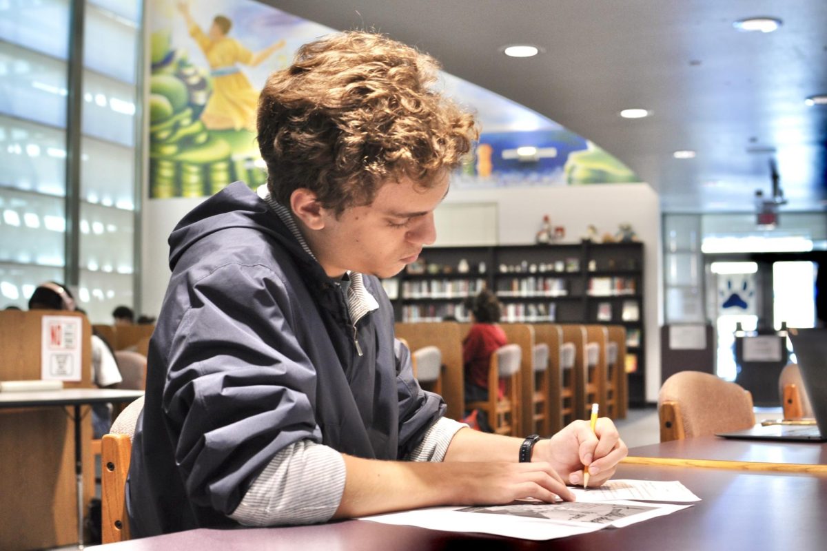 NOTE-ORIOUSLY GOOD PRACTICE: Senior Zayd Kisonak studies for AP United States History by using an AP FRQ prompt available from The College Board.