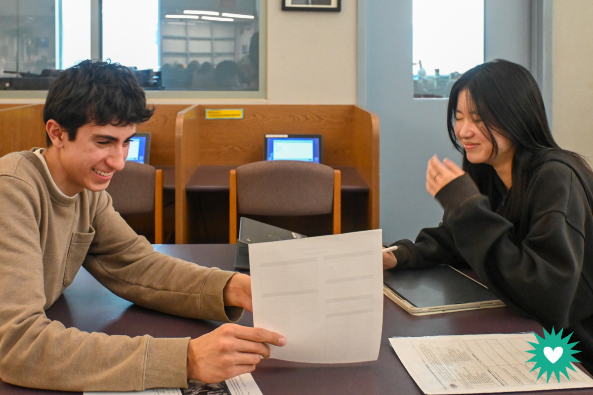COLLABORATING THE RIGHT WAY: Juniors Parsa Jokar and Olivia Zhang work together as they finish their Spanish homework.