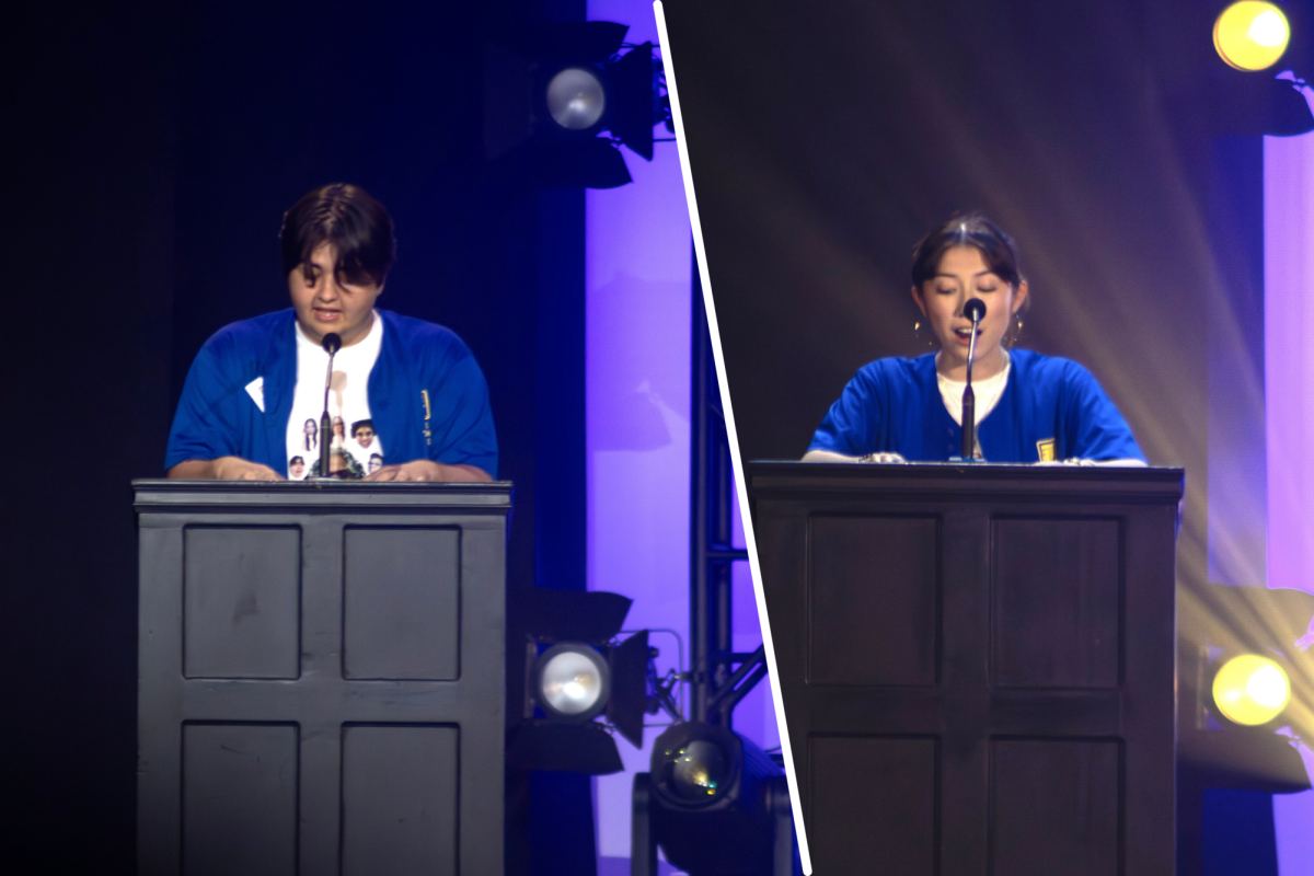 BOLD IN BLUE: California State Thespian Officers seniors Kamron Jamali and Kathleen Shumate deliver opening remarks at the California Thespian Festival.
