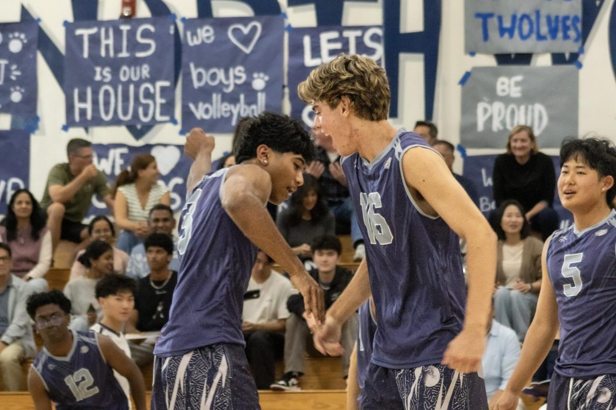RALLYING BACK: Varsity boys volleyball senior outside hitter Aadhi Balakrishnan (left) celebrates after scoring three consecutive kills.